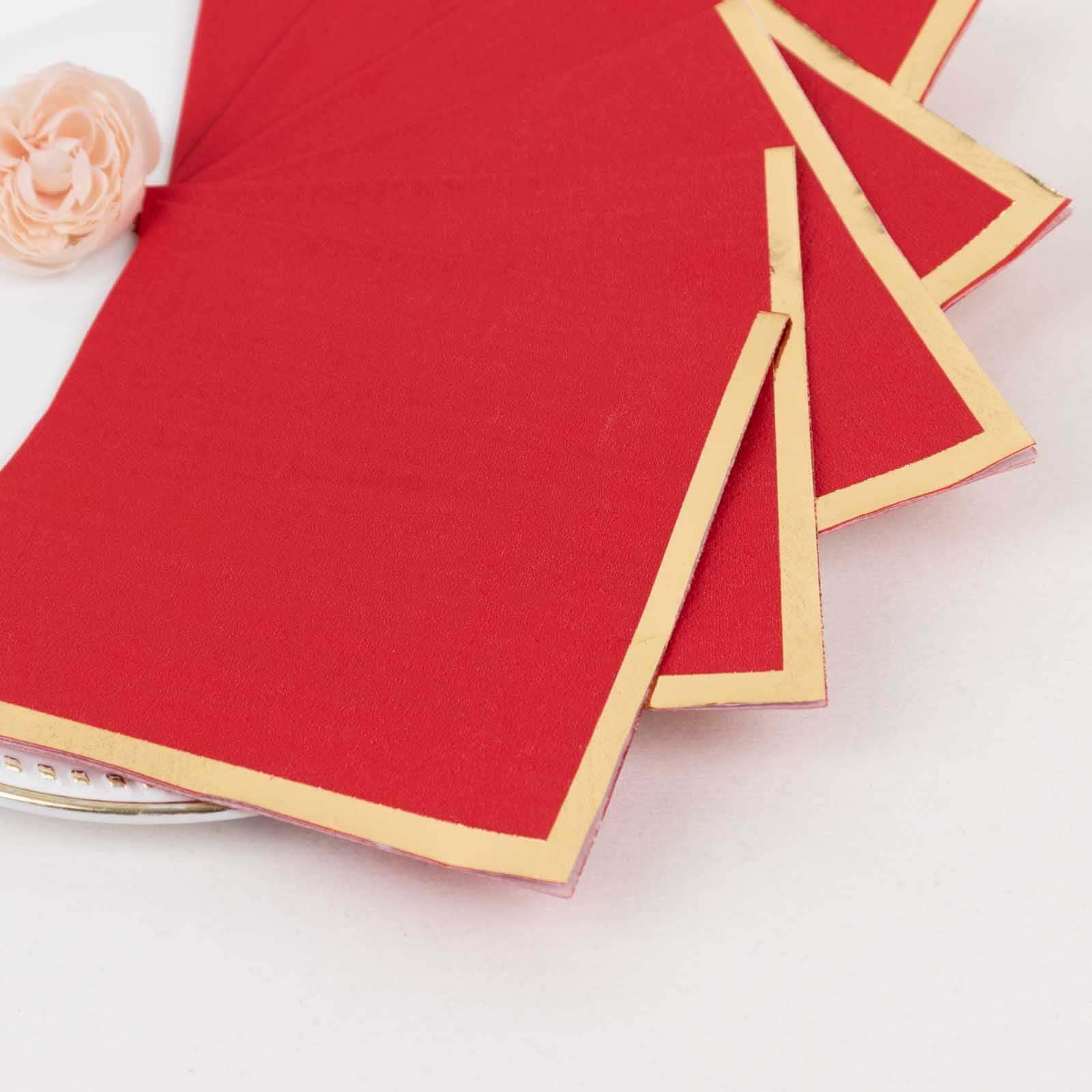 Efavormart 50 Pack Red Paper Beverage Napkins with Gold Foil Edge, Soft 2 Ply Disposable Cocktail Napkins - 5"x5"