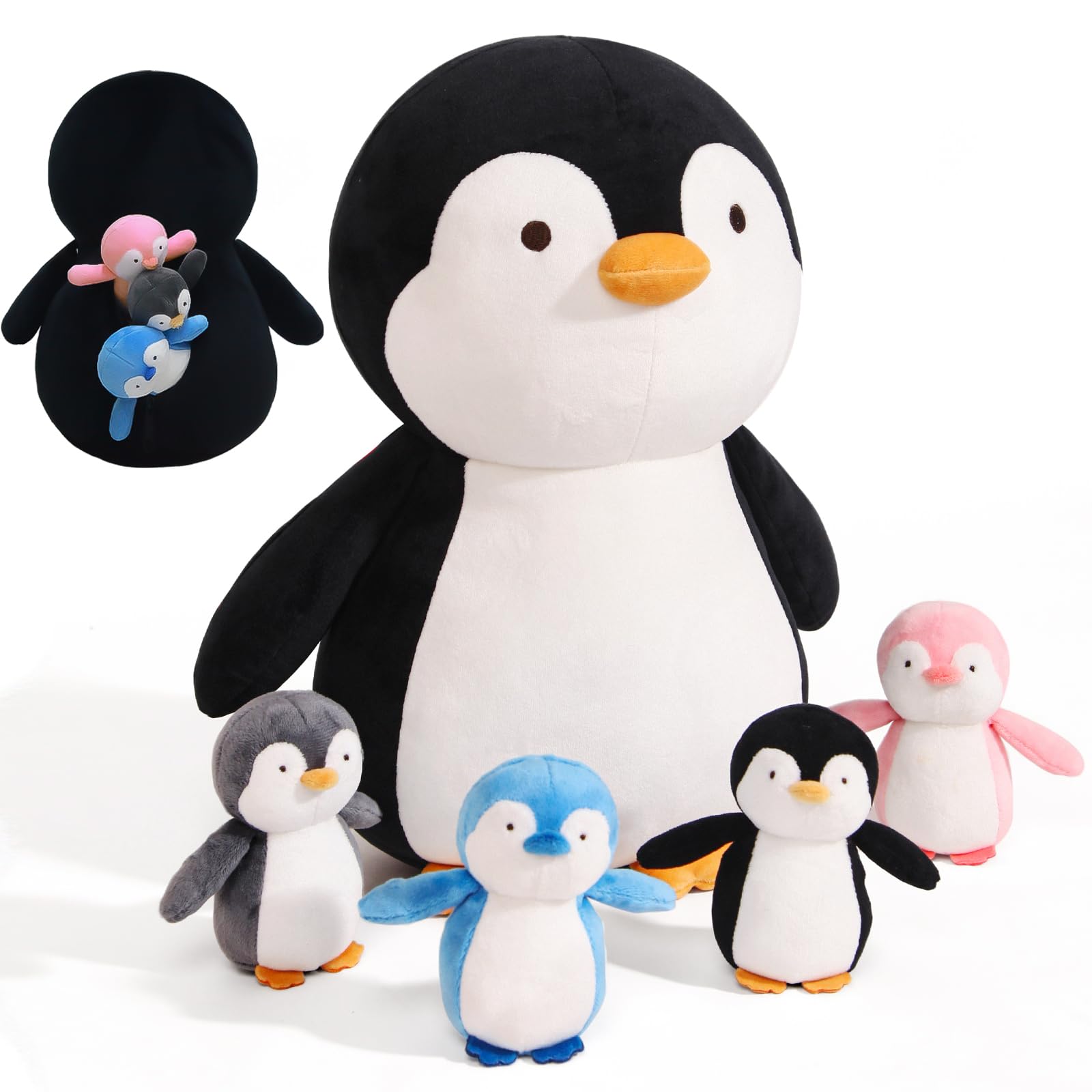5 Pieces Penguin Stuffer Animals Set, Giant 16 Inch Mommy Penguin Plush Toy with 4 Cute Babies Plushies in Her Zippered Tummy, Gifts for Kids Girls Boys, Birthday, Christmas