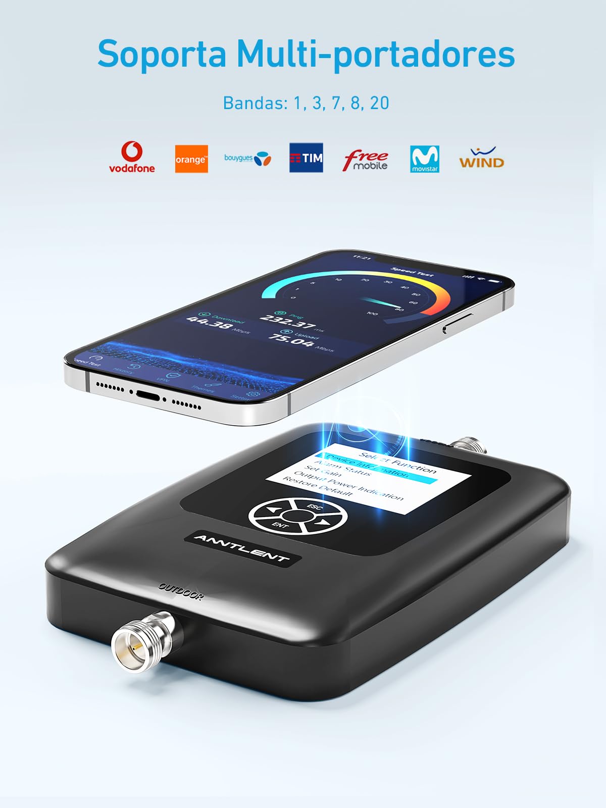 Amplificador de Cobertura Móvil 4G LTE 3G 2G gsm Amplificador de Señal en Banda 20/8/3/1/7(800/900/1800/2100/2600MHz) Repetidor de Señal Compatible con Todos los Operadores Españoles