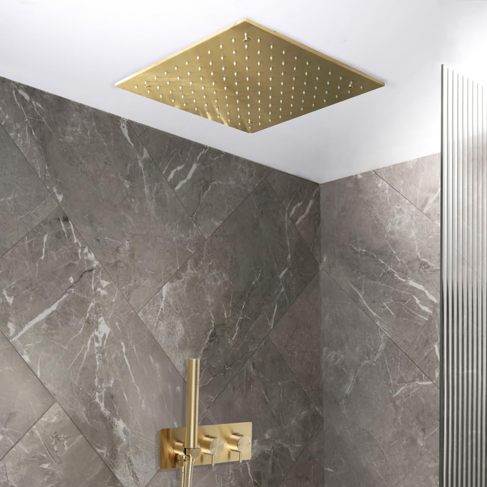 Milano Brushed Brass Otto Thermostatic Mixer Valve 400Mm Rainfall Shower Head Handset