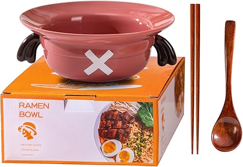 DVJEPJ Cuenco de ramen con sombrero de paja (cuenco de cerámica + cuchara de madera + palillos) para los fanáticos del anime