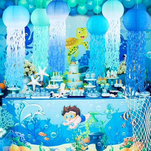 Image of Gradient Blue Jellyfish Paper Lanterns, Under The Sea Party Decorations, Hanging Jelly Fish Paper Lanterns for Mermaid Theme Party Ocean Theme Birthday Decorations Baby Shower Baby Room, 12pcs