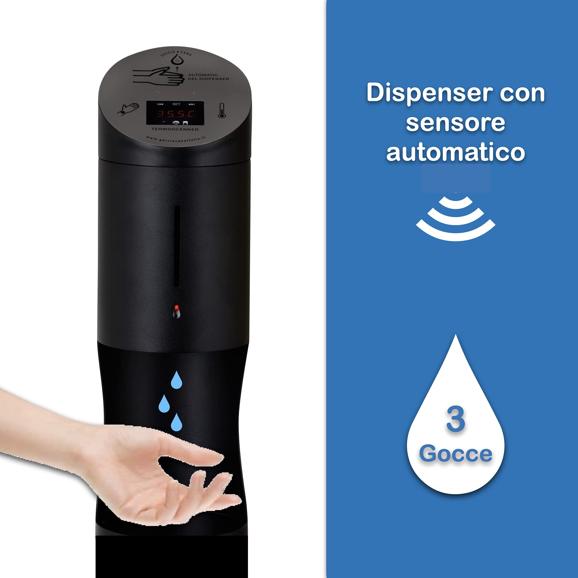 TICINO/GTS Termometro digitale da banco con dispenser automatico | Termometro infrarossi Gocciasana | Dispenser igienizzante mani