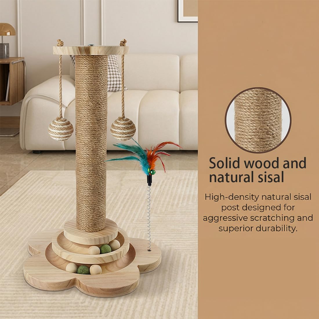 4 in 1 Katzenspielzeug Selbstbeschäftigung, 46cm Kratzbaum mit Hängenden Bällen, natürlicher Sisal-Spielzeug Katze, Interaktives Katzen Spielzeug mit Federn, zum Spielen im Haus