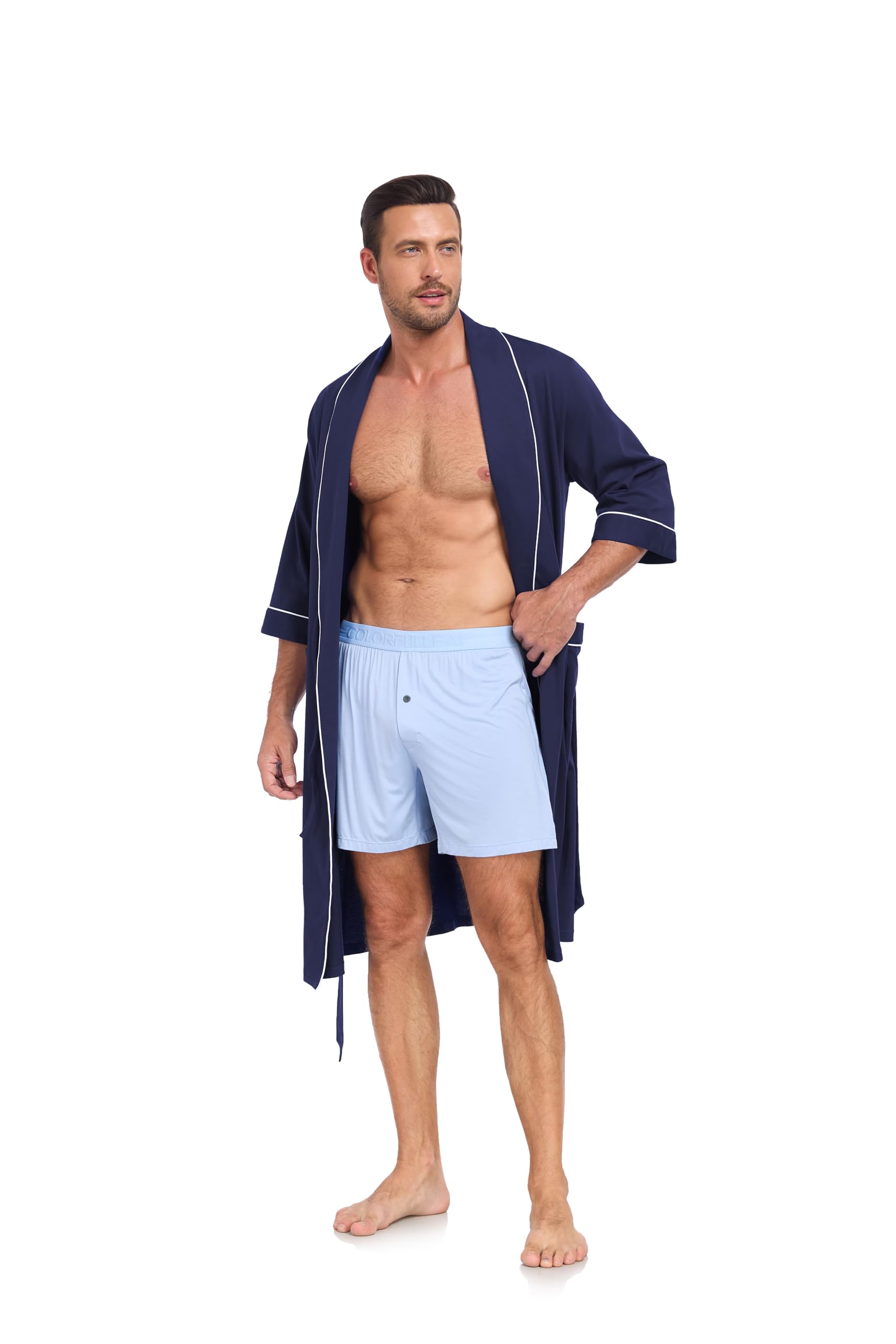 ANLIQI Herren Bademantel 100% Baumwolle Kurzarm Kimono Sommer Taschen