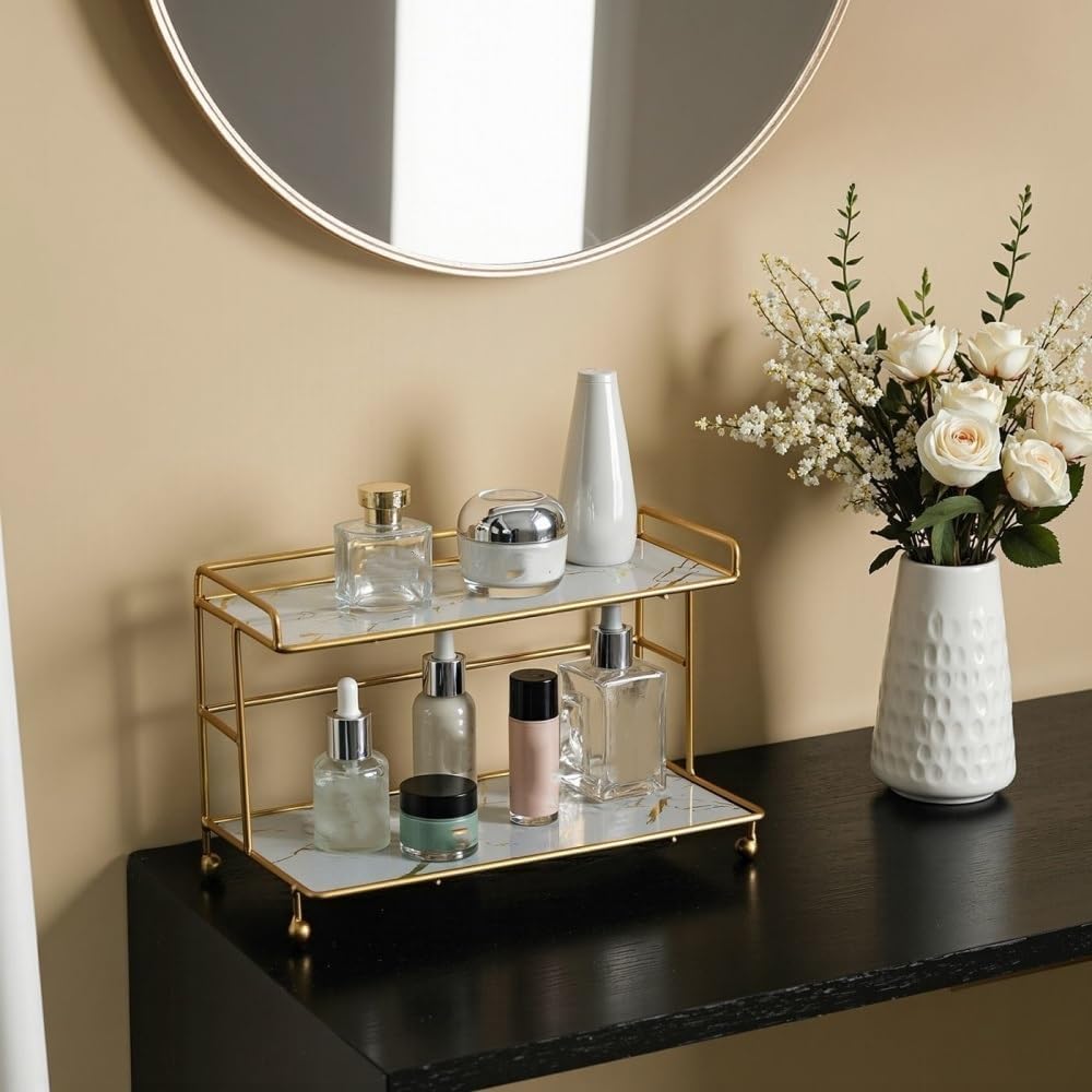 Modern Bathroom Shelf, Multi-Layer Cosmetic Dressing Table, Wrought Iron Countertop Display Stand, Suitable for Bedroom, Living Room, Bathroom(White)