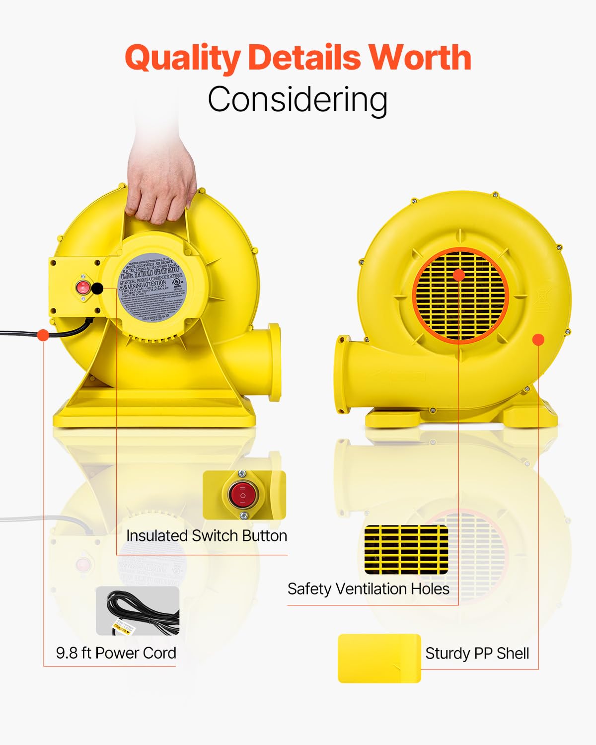 VEVOR Soplador de Aire para Castillos Inflables, 590 W y 690 W, 1,0 HP, Bomba Comercial, Ventilador Eléctrico 2750 RPM, Castillos Inflables, Toboganes de Agua, Amarillo, 360 x 230 x 370 mm