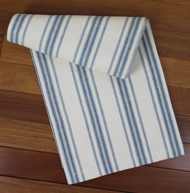 Grain Sack Stripe Cream - Colonial Blue Cotton Table Runner 14" x 72" Primitive, Country, Rustic Home Decor