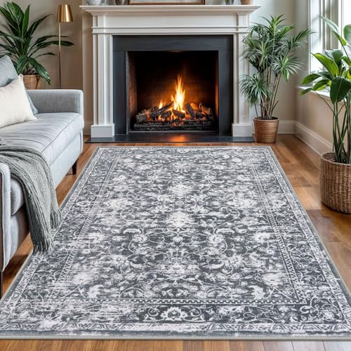 KILOCOCO Area Rug 4x6 Entryway Rug Washable Printed Vintage Floral Rubber Backed Non Slip Indoor Kitchen Rugs for Laundry Room Playroom Bedroom Living Room Moroccan Area Rugs, Grey