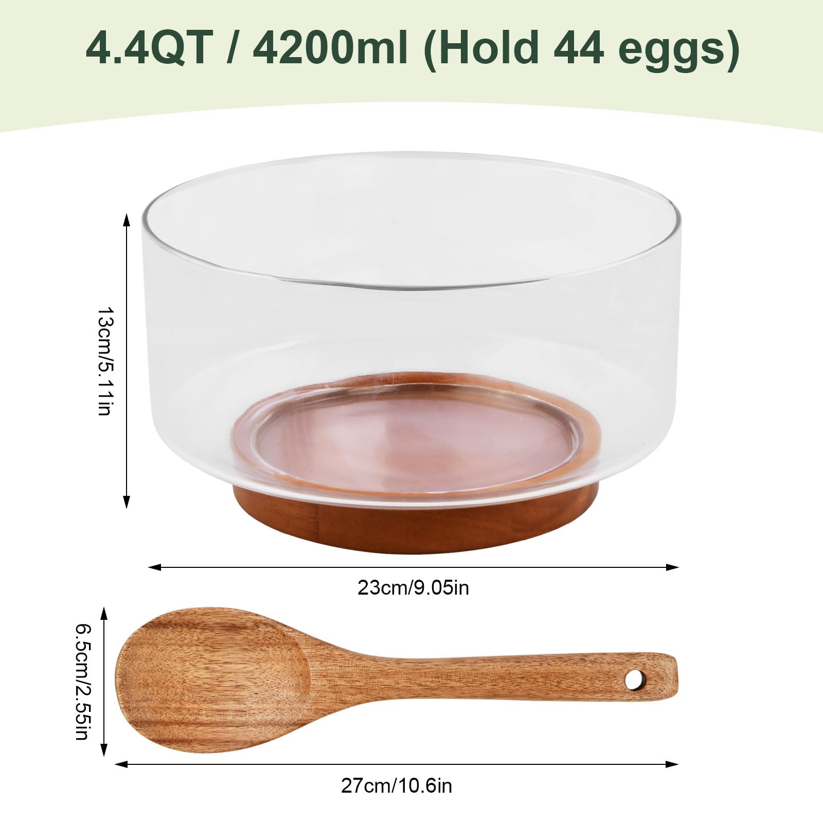 4200ML Ensaladera de Vidrio con Base de Madera de Acacia, Diseño de Gran Capacidad Juego de Cuencos de Ensalada de Vidrio con Pinzas de Madera Elegantes para Ensaladas Frutas