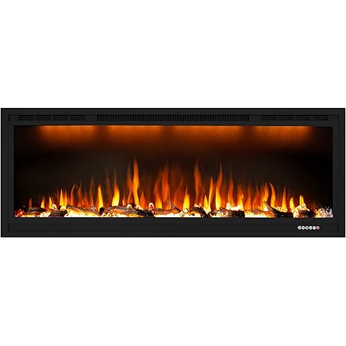 60 inch Electric Fireplace, Recessed and Wall Mounted Fireplace Heater, 750/1500W Thermostat with Remote Control, Realistic Flame Combinations, Black (60")