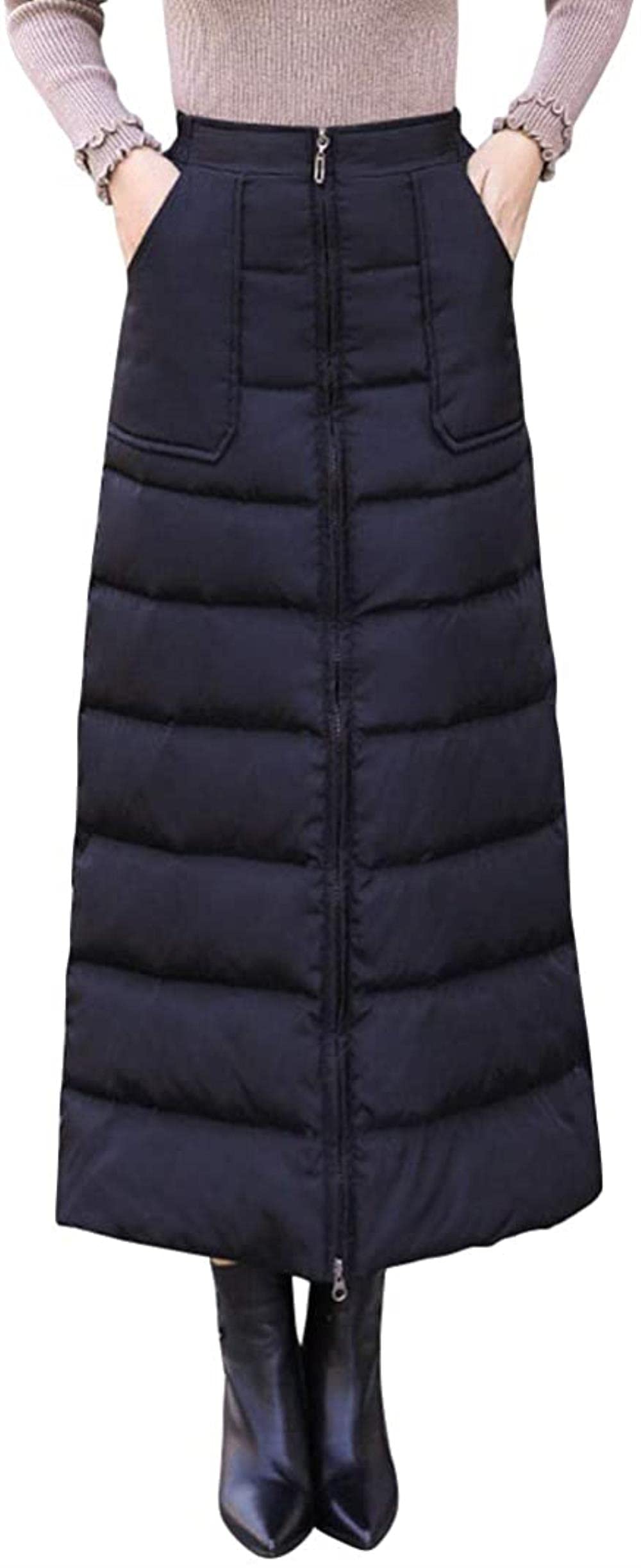 ABSY Women's Winter Zip Front High Waist Insulated Synthetic Down Quilted Long Skirt