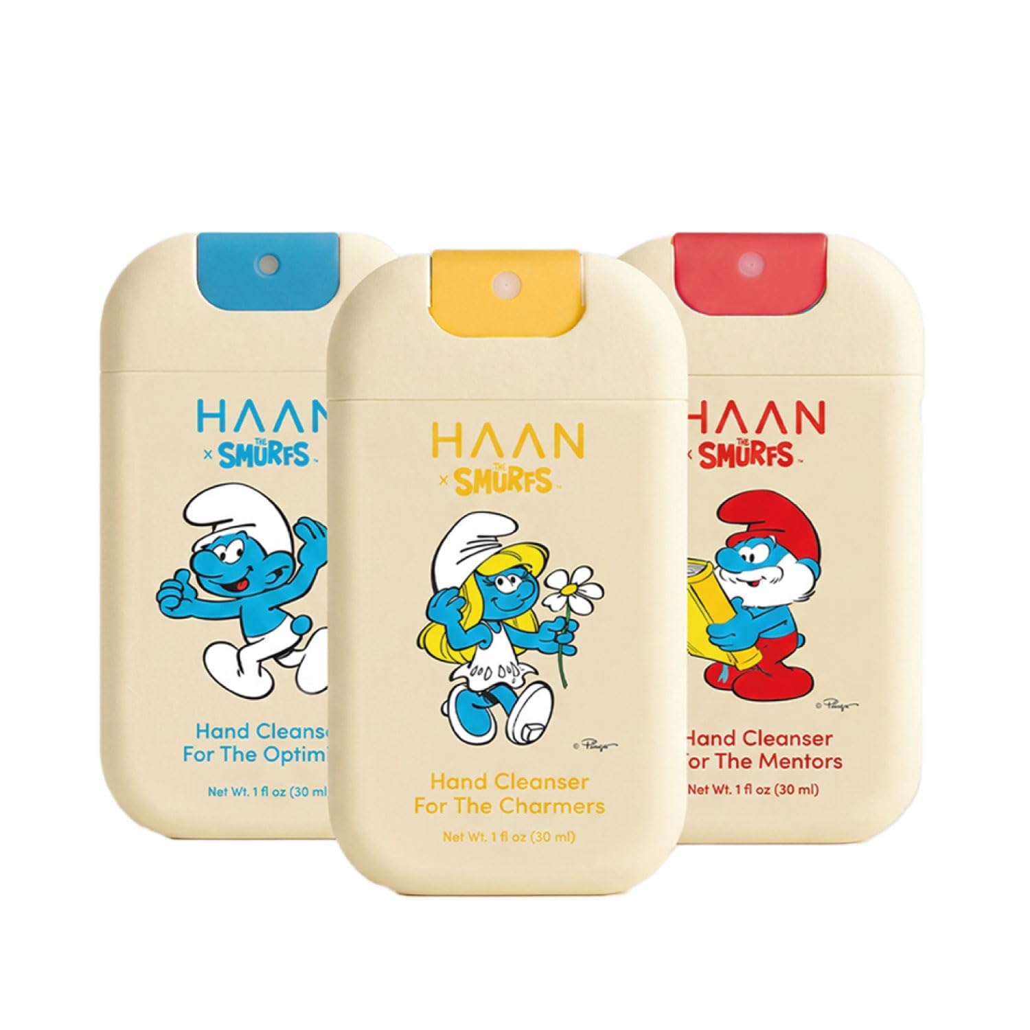 HAAN Limited Edition Smurfs – Feuchtigkeitsspendendes Handreinigungsspray mit Aloe Vera (3er-Pack) – je 1 Stück pro Duft: Morning Glory, Bright Rose, Purifying Verbena