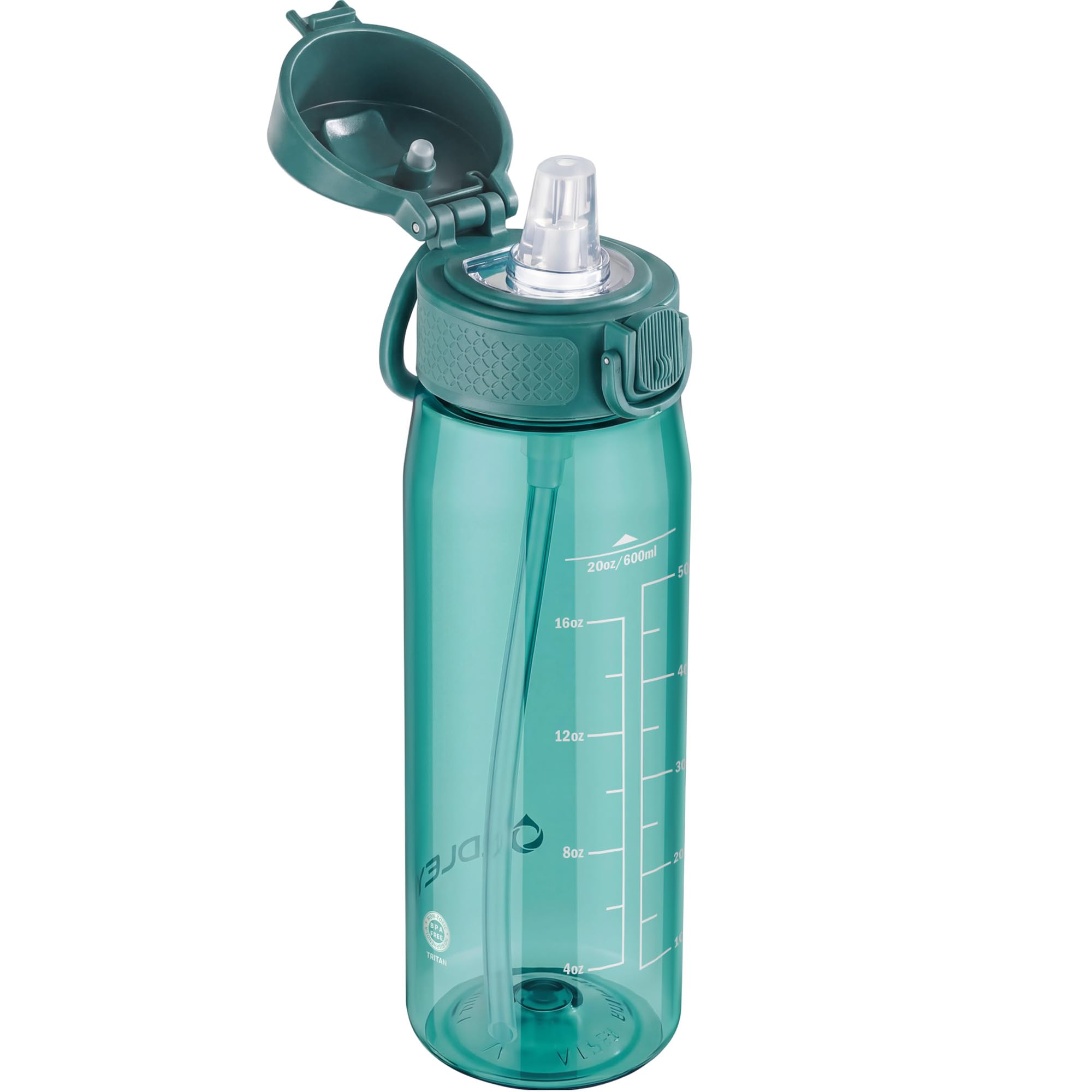 OLDLEY 600ml/20oz Water Bottles with Straw Leakproof Tritan Water Bottle with Handle BPA Free Time Marker Sports Drinking Bottle for School, Travel, Sports (Dark Green)