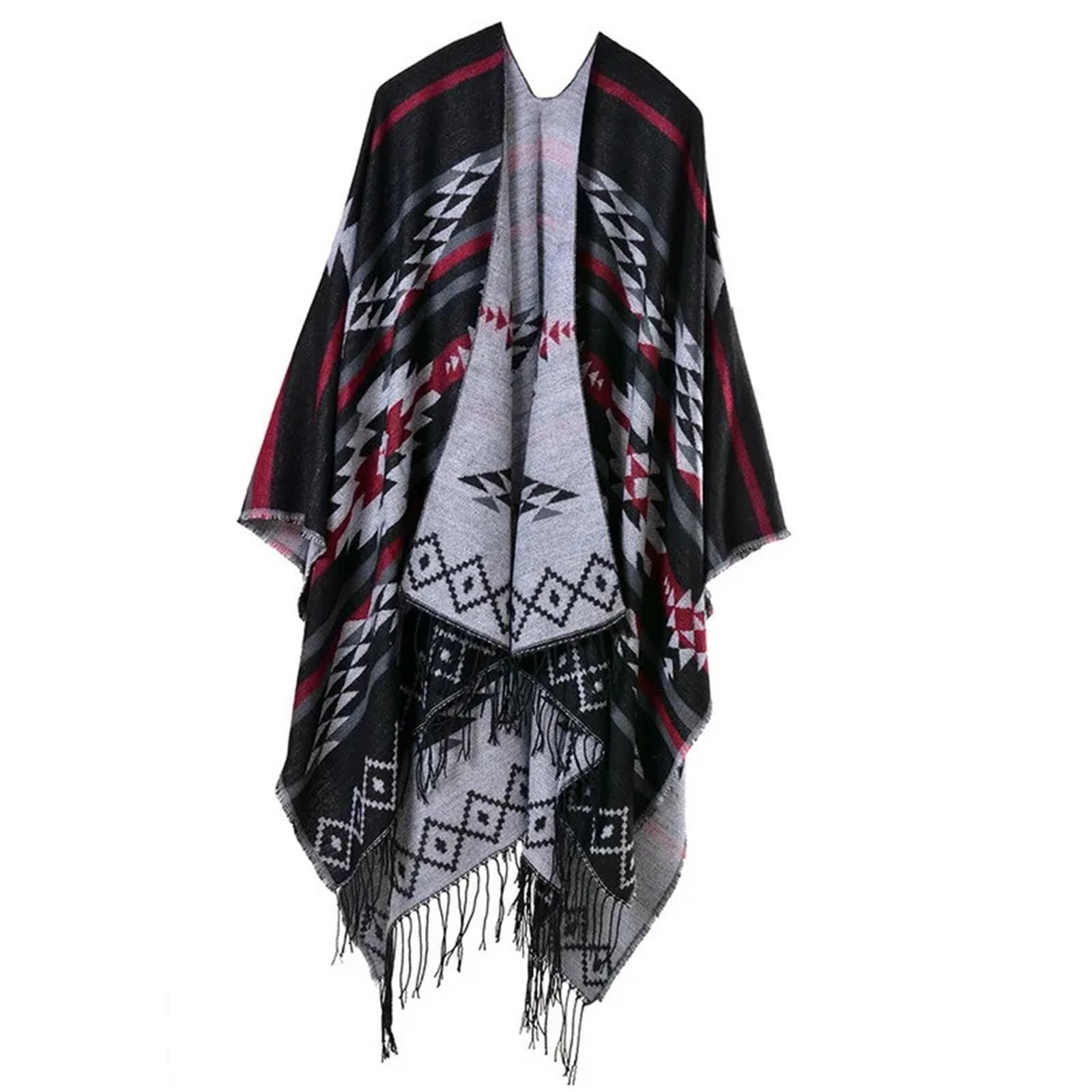 Scialle Donna Poncho Autunnali Popolari in Cashmere Spesso con Nappe, Stile Nazionale, da Viaggio, Scialle, Sciarpa, Mantelle