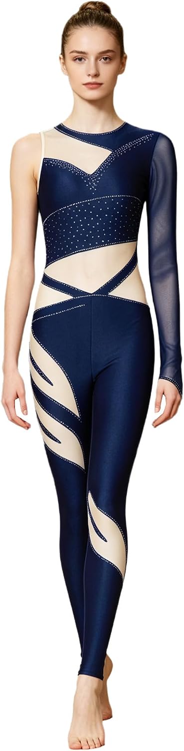 Women Gymnastics Dance Jumpsuit One-piece Leotard Asymmetrical Shoulders for Performance Competition
