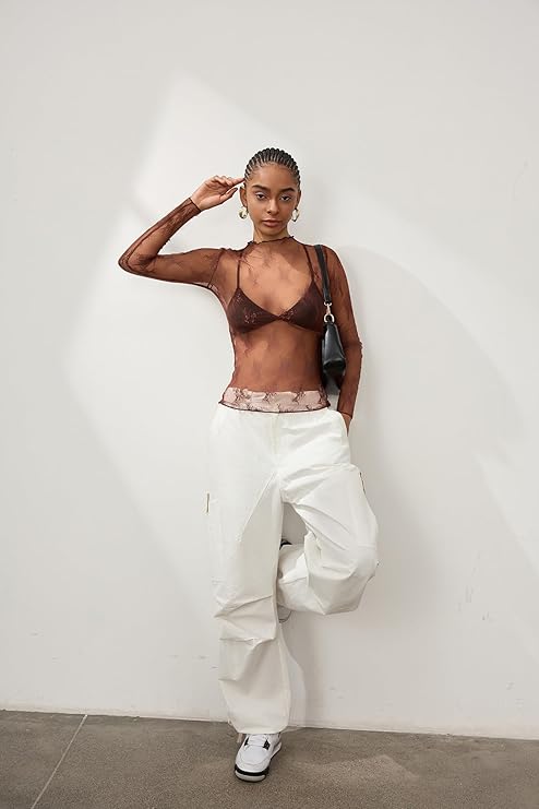 🔥 Sexy Sheer Mesh Top for Women! 🔥 Floral Embroidery, Long Sleeve, See Through Blouse - S-XXL