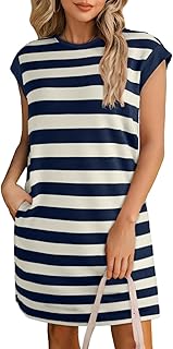 Womens Striped Summer Dresses 2025 Crewneck Cap Sleeve Color Block Casual A Line Tshirt Dress with Pockets - Buy now