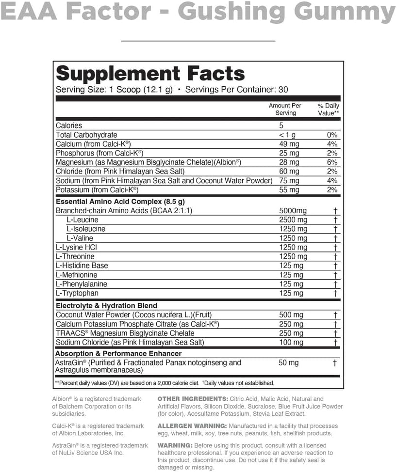 Nutrithority EAA Factor, BCAA Essential Amino Acids Powder, Gushing Gummy 30 Servings - Sugar & Caffeine Free Intra & Post Workout Drink with Electrolytes - Improve Muscle Recovery & Hydration