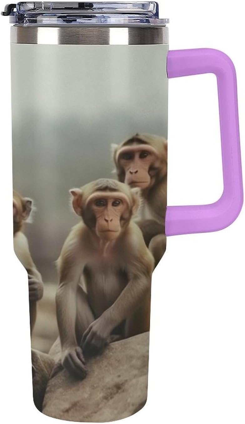 Sitting Monkey Travel Coffee Mug Reusable Durable Stainless Steel Insulated Tumbler with Handle And Straw Leak Resistant Portable Thermal Cup Gifts for Men Women 40 Oz