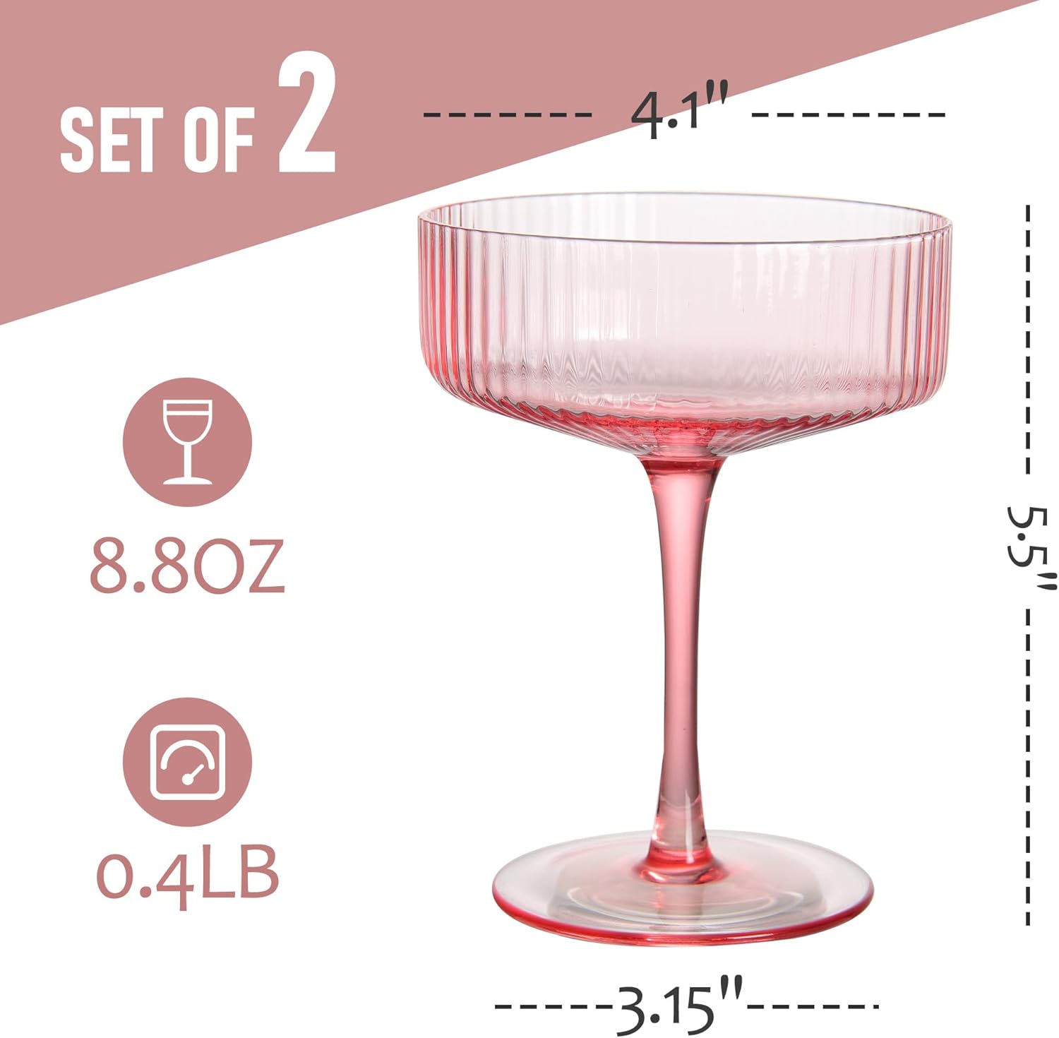 2 Pcs Ribbed Coupe Glasses, 10 oz Vintage Cocktail Coupe Glasses Set, Classic Cocktail Galssware, Bar Drinking Glasses Set Pefect, Wine, Champagne & Gift (PINK&PURPLE) - Image 3