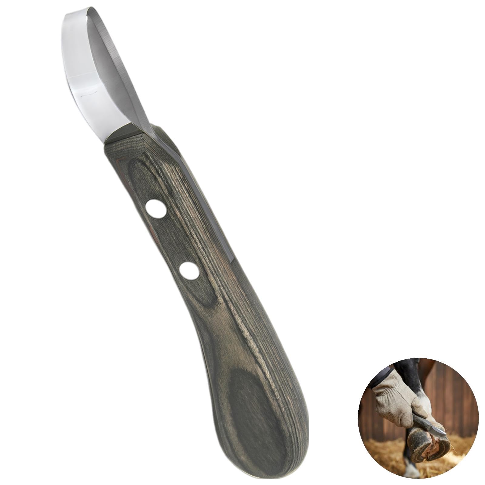 Hufmesser für Pferde, Werkzeug aus Edelstahl mit ringförmiger Klinge, ergonomischem bunten Holzgriff, für professionelles Huftrimming und Pflege, Zubehör für Stallreparaturen, schwarz Silber