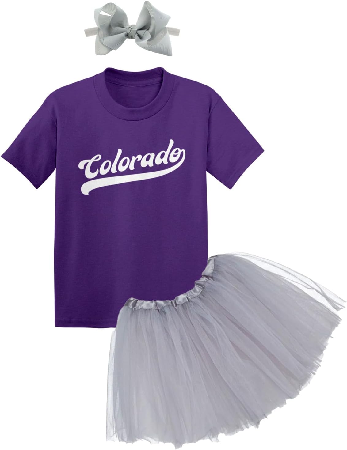 Colorado - Baseball Jersey Style Script Baby Bodysuit + Tutu Skirt + Bow Headband Set