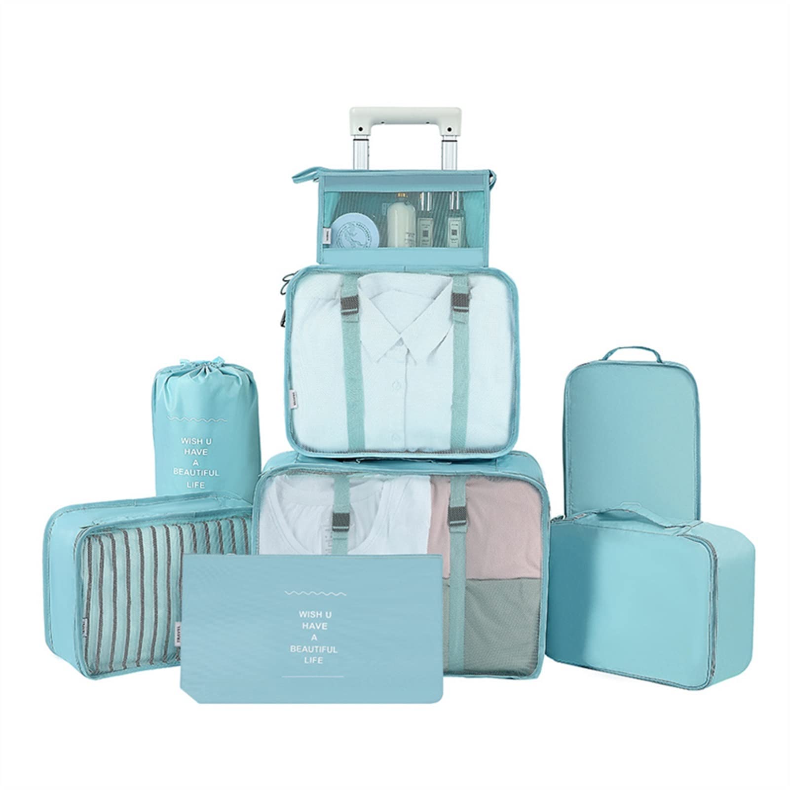 Durevole Set da 8 pezzi Organizzatore da viaggio Borse portaoggetti Valigia Set da imballaggio Custodie Portaoggetti portatile Porta abiti Custodia ordinata per scarpe per accessori da viaggio (Colo
