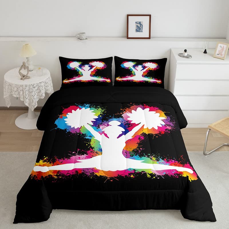 Image of Feelyou Colorful Cheerleader Comforter Set Cheerleading Comforter for Kids Boys Girls Cheer Team Bedding Set Breathable Gymnastics Lovers Black Duvet Set Room Decor Quilt Set Full Size
