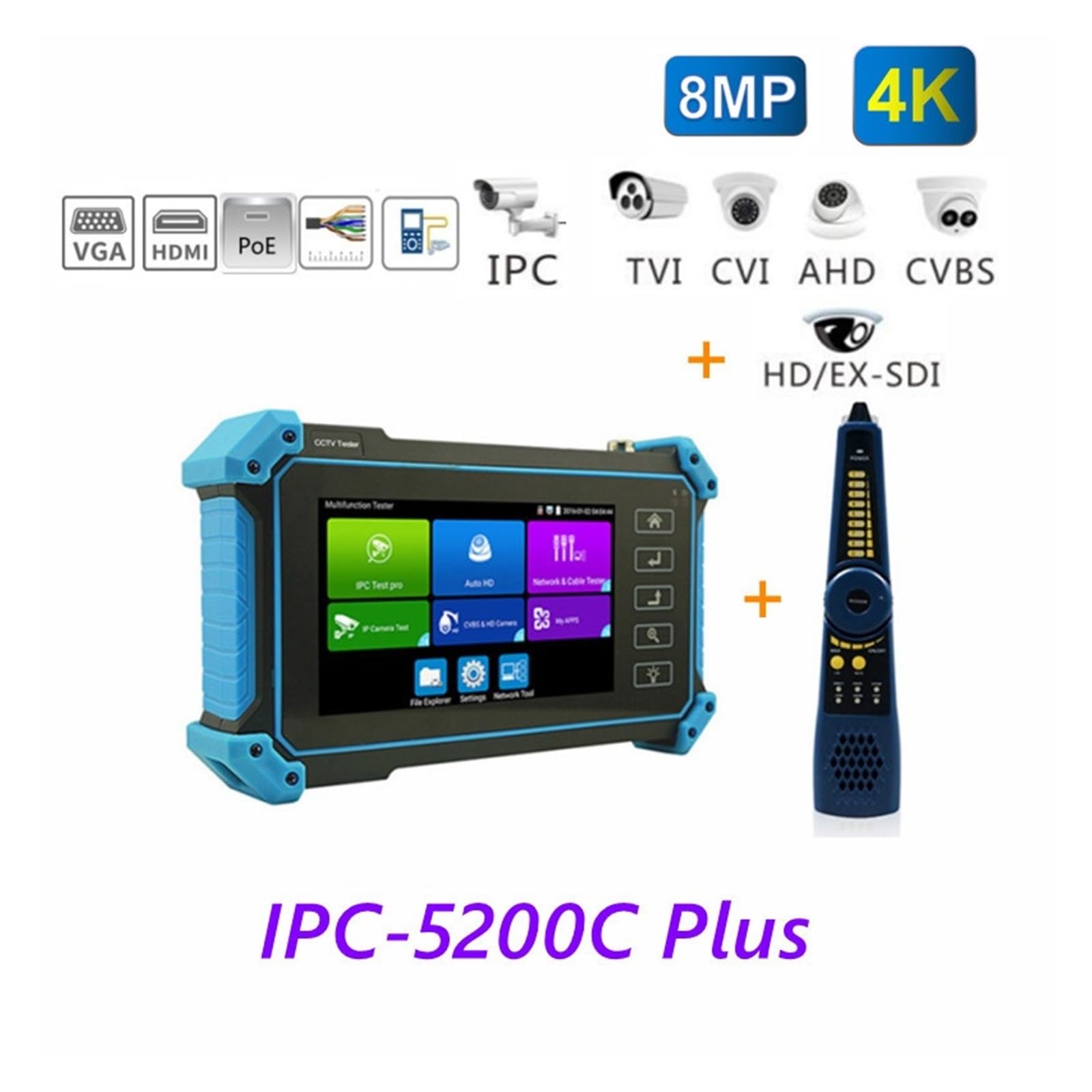Tester CCTV Telecamera IP CCTV Tester AHD CVI TVI SDI 5 Pollici Touch 4K VGA Ingresso Sicurezza Poe IPC Tester Cftv Mini Monitor Portatile Tester Test del segnale audio/video(IPC-5200C Plus)