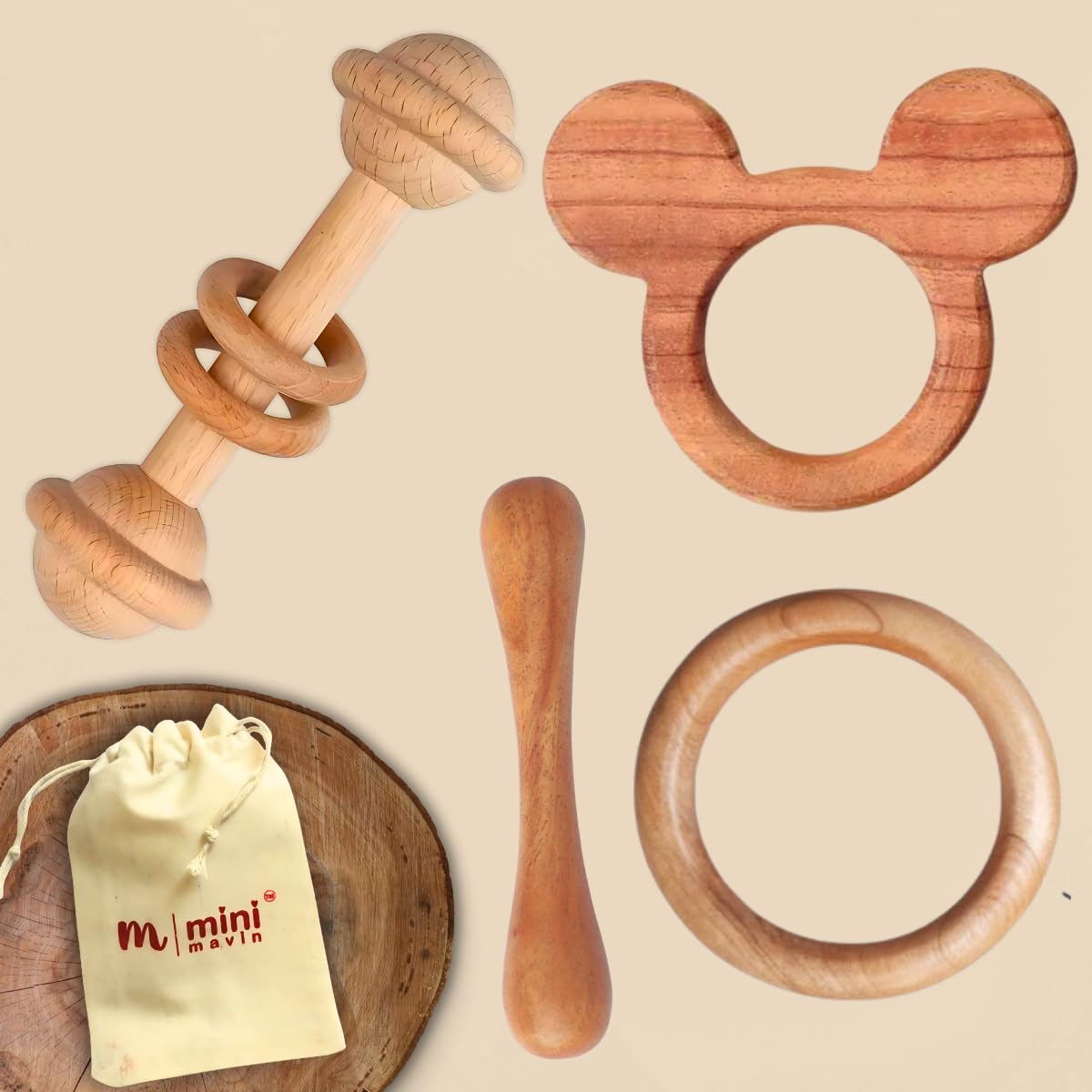 MINIMAVIN Natural and Chemical-Free Neem Wood Teethers | bpa Free Wooden teether for 6 to 12 Months Baby | Anti-Bacterial and Anti-Fungal (Rattle+Bunny+Ring+Dumbell(Set of 4))-image-43