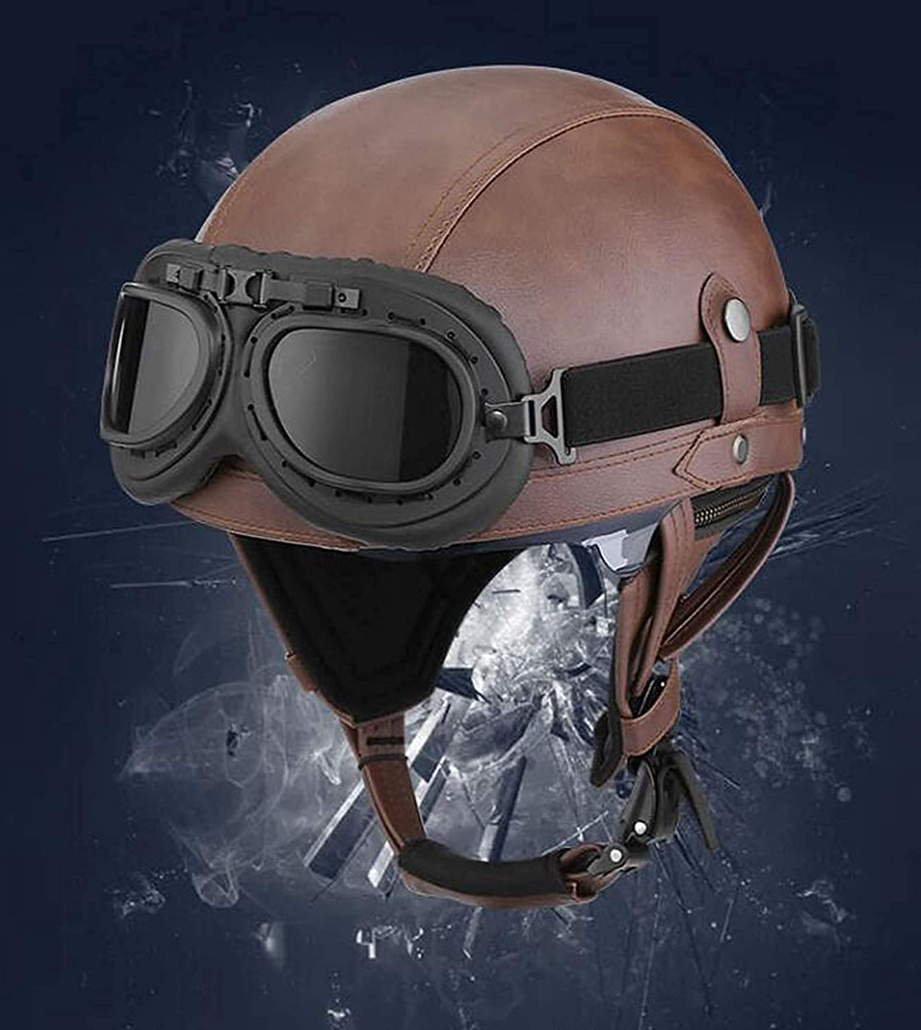 Retro skórzany kask motocyklowy otwarty kask, otwarty kask motocyklowy w stylu vintage z goglami, mężczyźni kobiety Chopper Pilot motorower kask dla ECE zatwierdzony