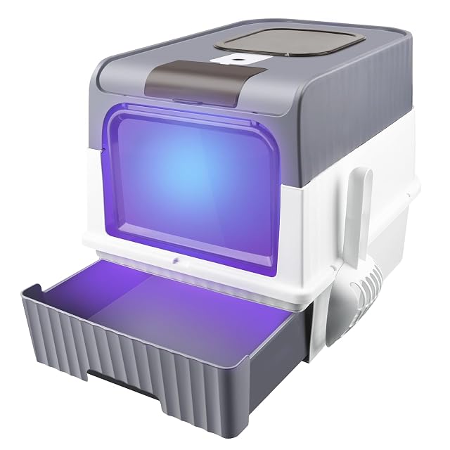 OHMG Arenero para gatos con UV, bandeja de arena cerrada y abierta con pala de arena y cuenco superior