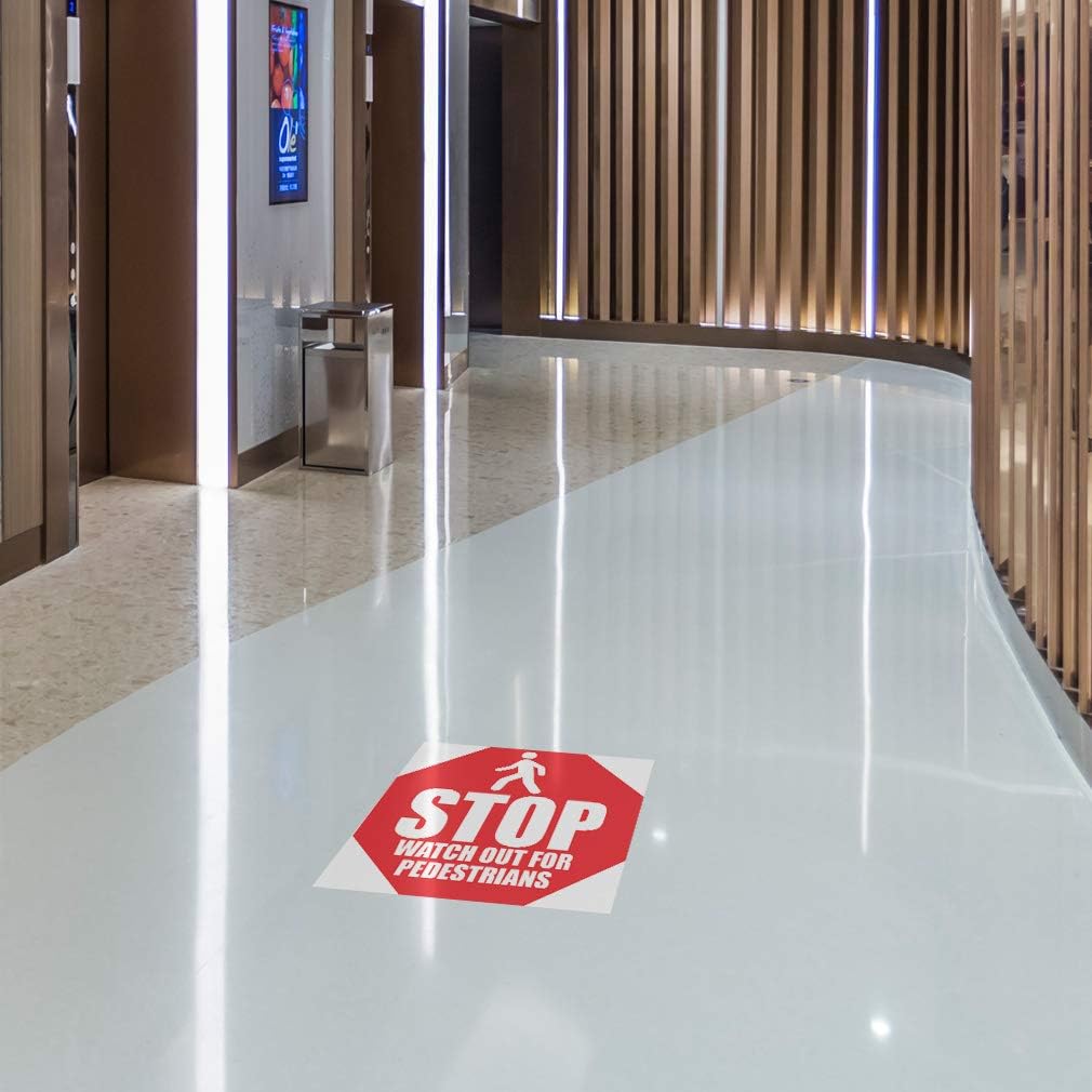 Watch Out Signs Floor Decals Stop for Pedestrians Red Anti-Slip Shape Business Industrial Stickers 17Inches Longer Side