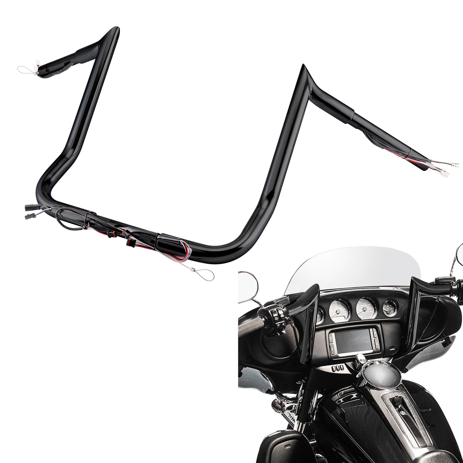 Mofun Pre-wired 12" Ape Hangers Bagger Handlebars 1 1/4" Compatible with Harley Touring Street Glide Ultra Limited Electra Glide With Batwing Fairing, 2014-2023 Gloss Black