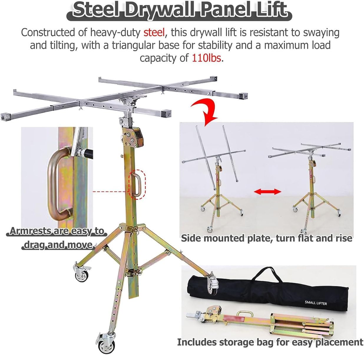 Commercial Drywall Lifter, Heavy Duty Drywall Lifter, House Construction Drywall Panel Lifting Jack Tool with 4 Inch Casters Rolling Locking, Suitable for Construction, Industry ()