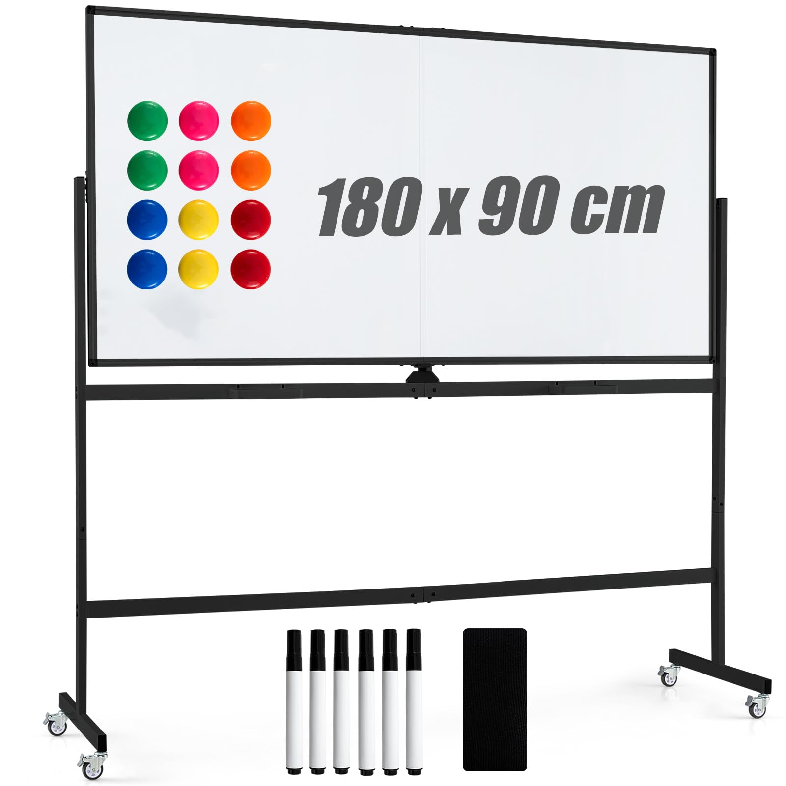 SFAREST Magnetic Whiteboard, Height Adjustable Reversible Dry Erase Board with Grid Pattern Board, Marker Tray, Double Sided Rolling Flipchart Board for Home Office School (Black, 180 x 90cm)