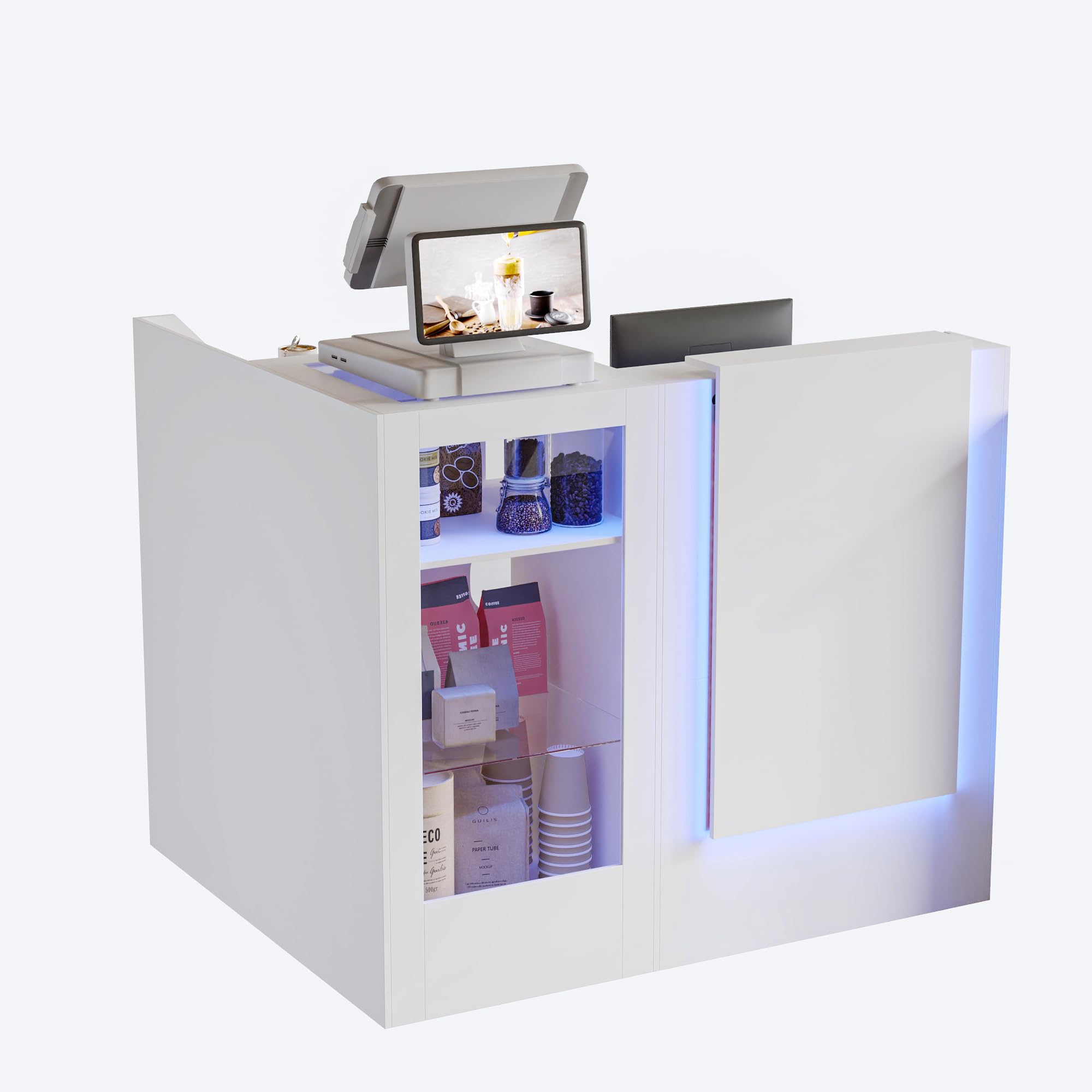 Caldion Moderno mostrador de recepción con iluminación LED, con cajón de tatuaje, mostrador de recepción de cristal templado, mesa de recepción en forma de L, color blanco, 120 x 100 x 103 cm