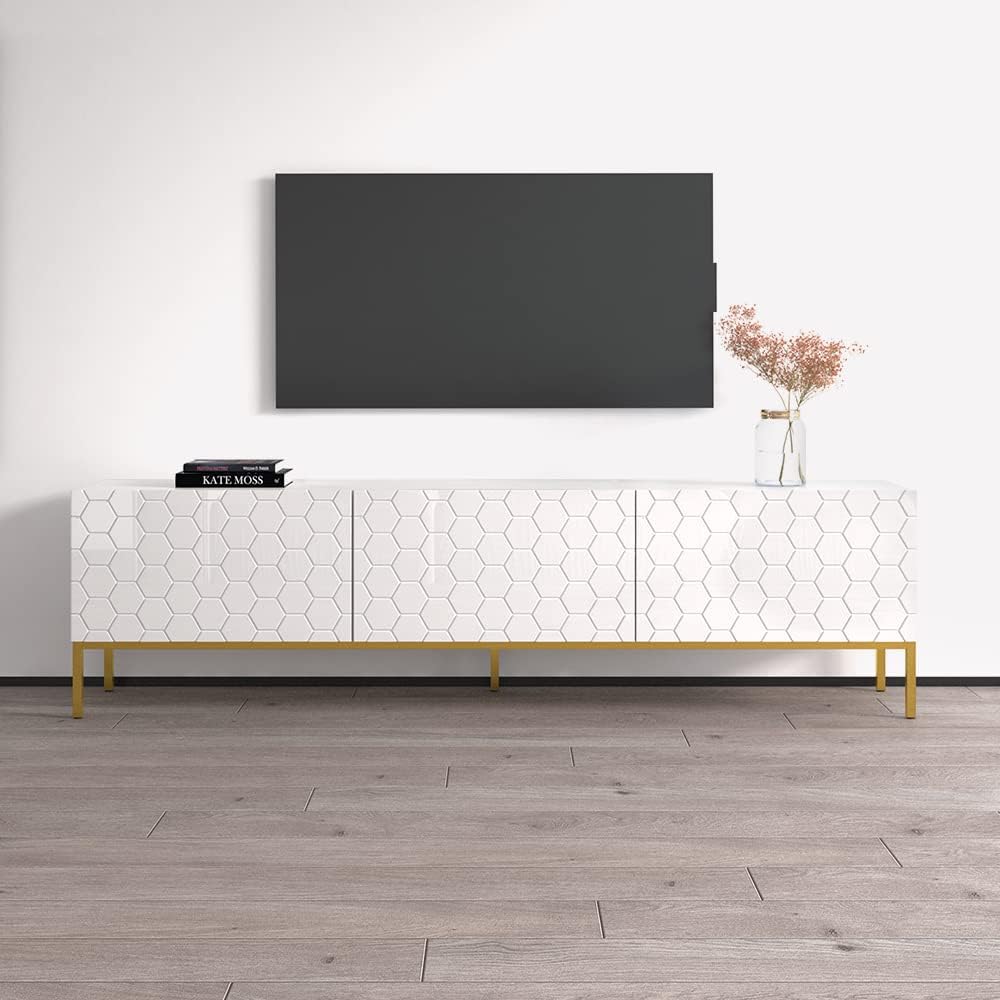 Meble Furniture Hexa 01 Modern TV Stand — High-Gloss Finish — Storage Cabinets, Fits TVs up to 85", 63.8 x 15.7 x 23.6 in — White