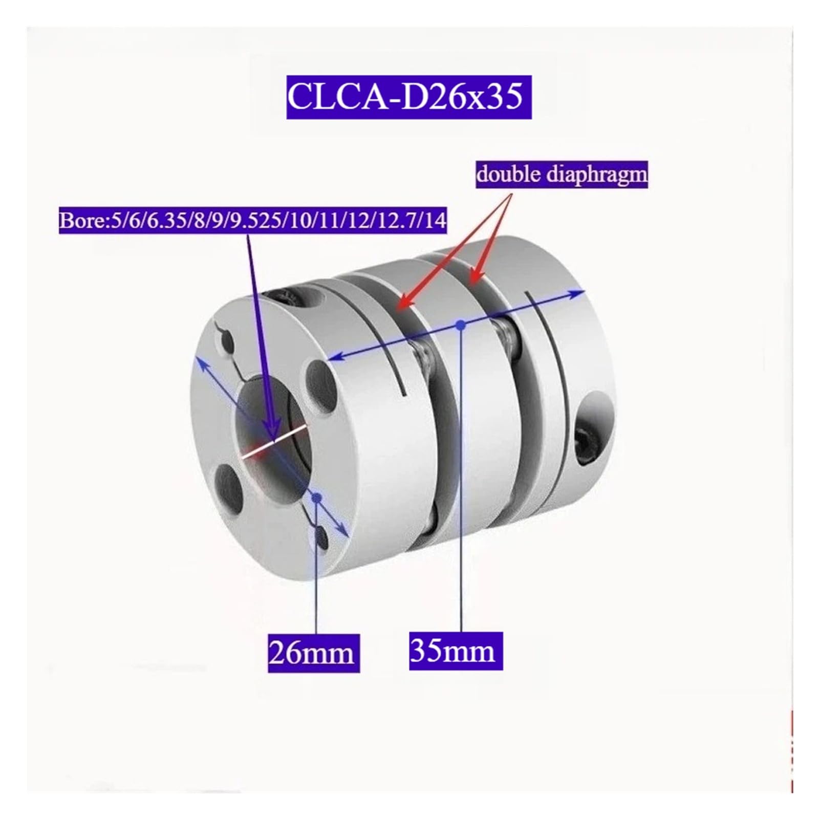 Acoplamientos flexibles, CLCA-D26Lx35 Motor paso a paso de doble diafragma elástico de aluminio que acopla tamaños múltiples de 26x35 mm(10mm to 11mm)