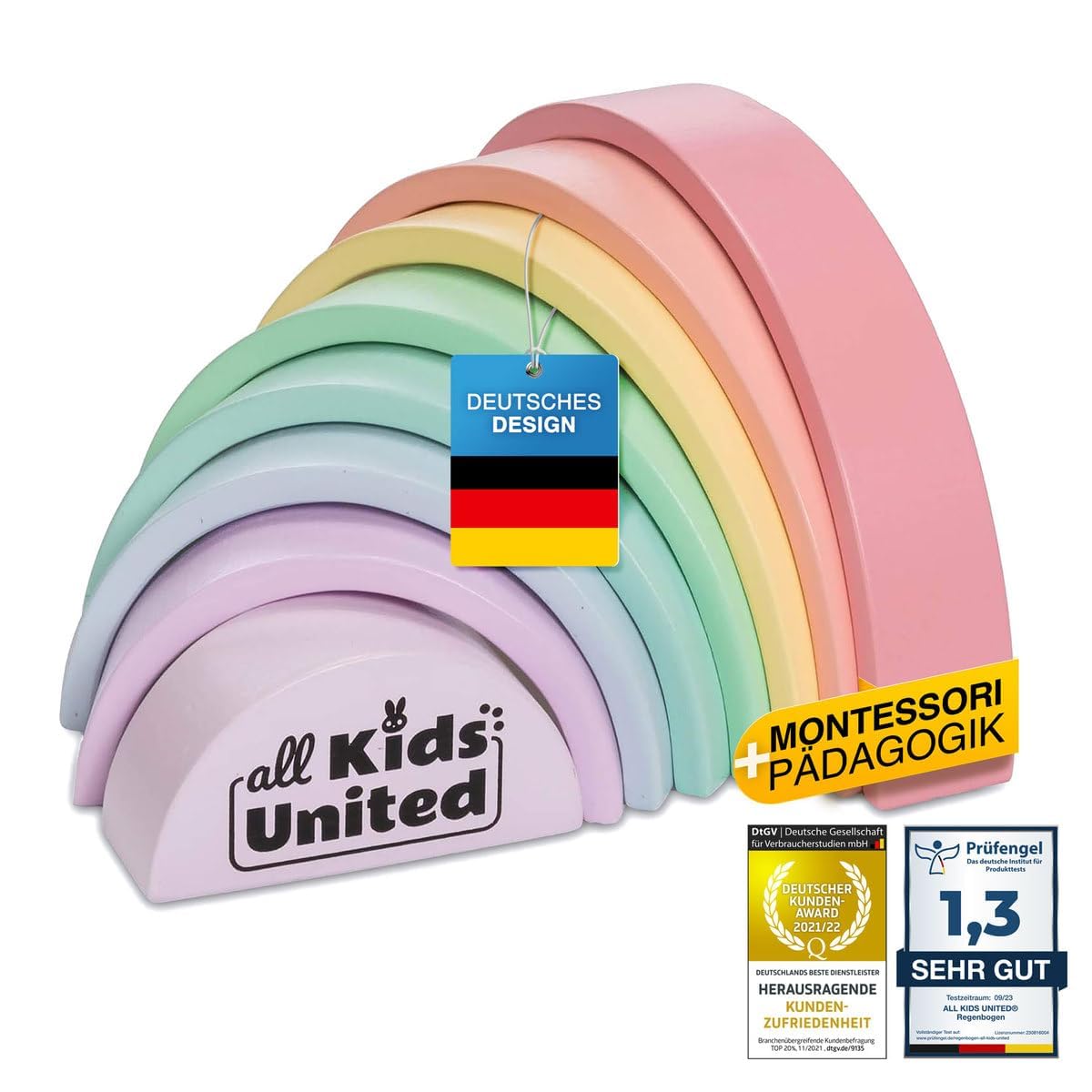 all Kids United Wooden rainbow compact, arched bridge made of building blocks ideal for on the go, stacking tower educational toy made of wooden blocks 8-piece building blocks (Compact)