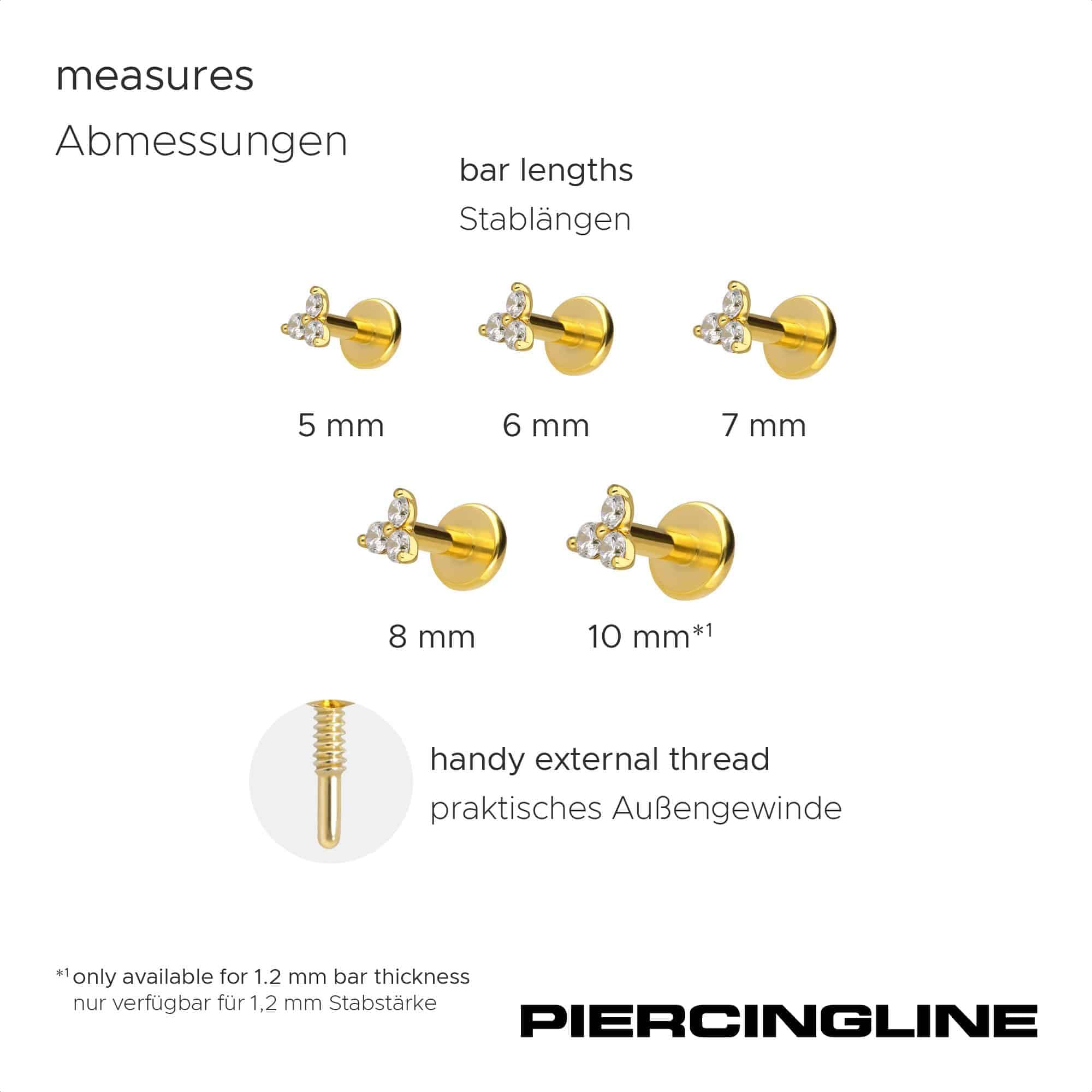 PIERCINGLINE Piercing Stecker Titan Labret mit Innengewinde + 925er Silber Aufsatz MOISSANIT-BLUME - Goldfarben, Silberfarben
