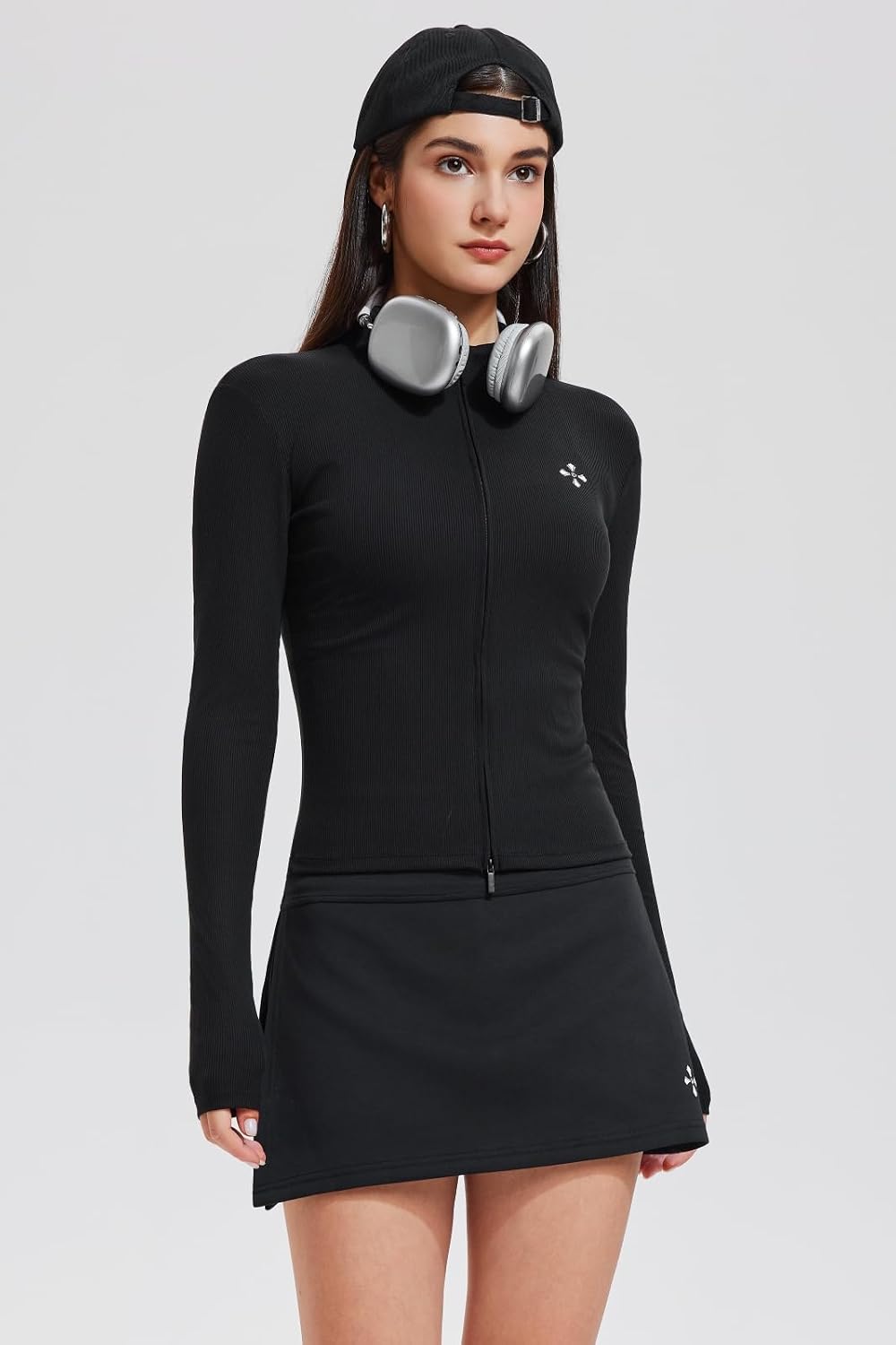Mudere Two Piece Skirt Sets for Women Double Zip Up Long Sleeve Mini Skirt Set Athletic Casual Outfits