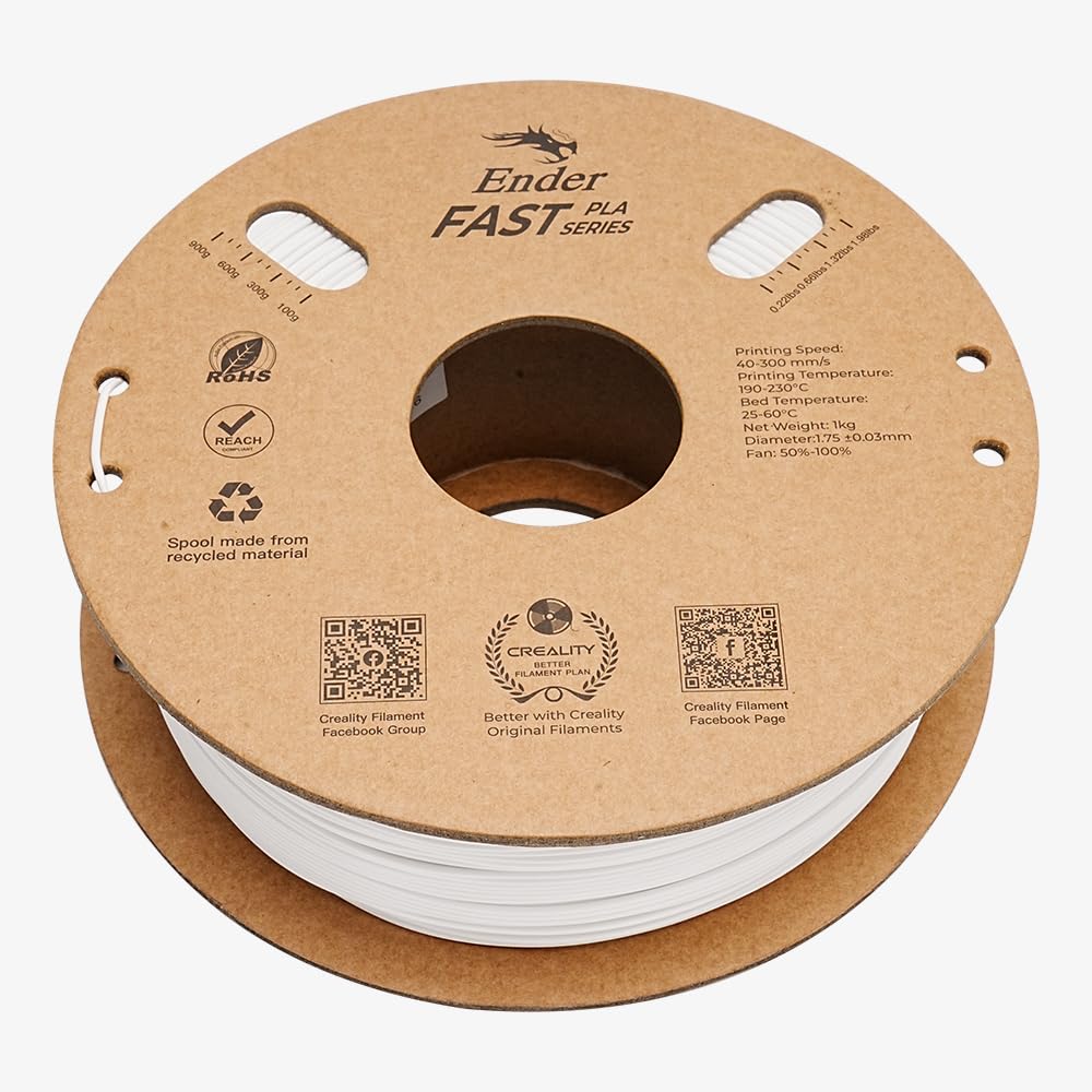 Creality Ender PLA Filamento 1.75mm, ad Alta Velocità 300mm/s senza Aggrovigliamento per Stampante 3D, Precisione Dimensionale +/- 0.02mm, No-Tangling, Bobina 1Kg (2.2lbs) per la Stampa 3D (Bianco)