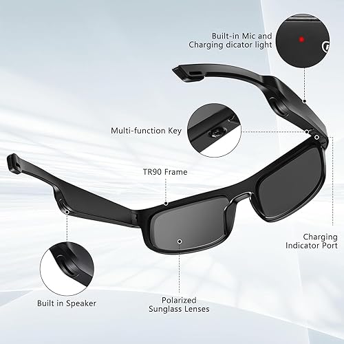 Miniatura 4 de Lentes inteligentes, lentes de sol polarizados Bluetooth con micrófono y altavoces integrados, oreja abierta, asistente de voz, protección UV (LV-M8