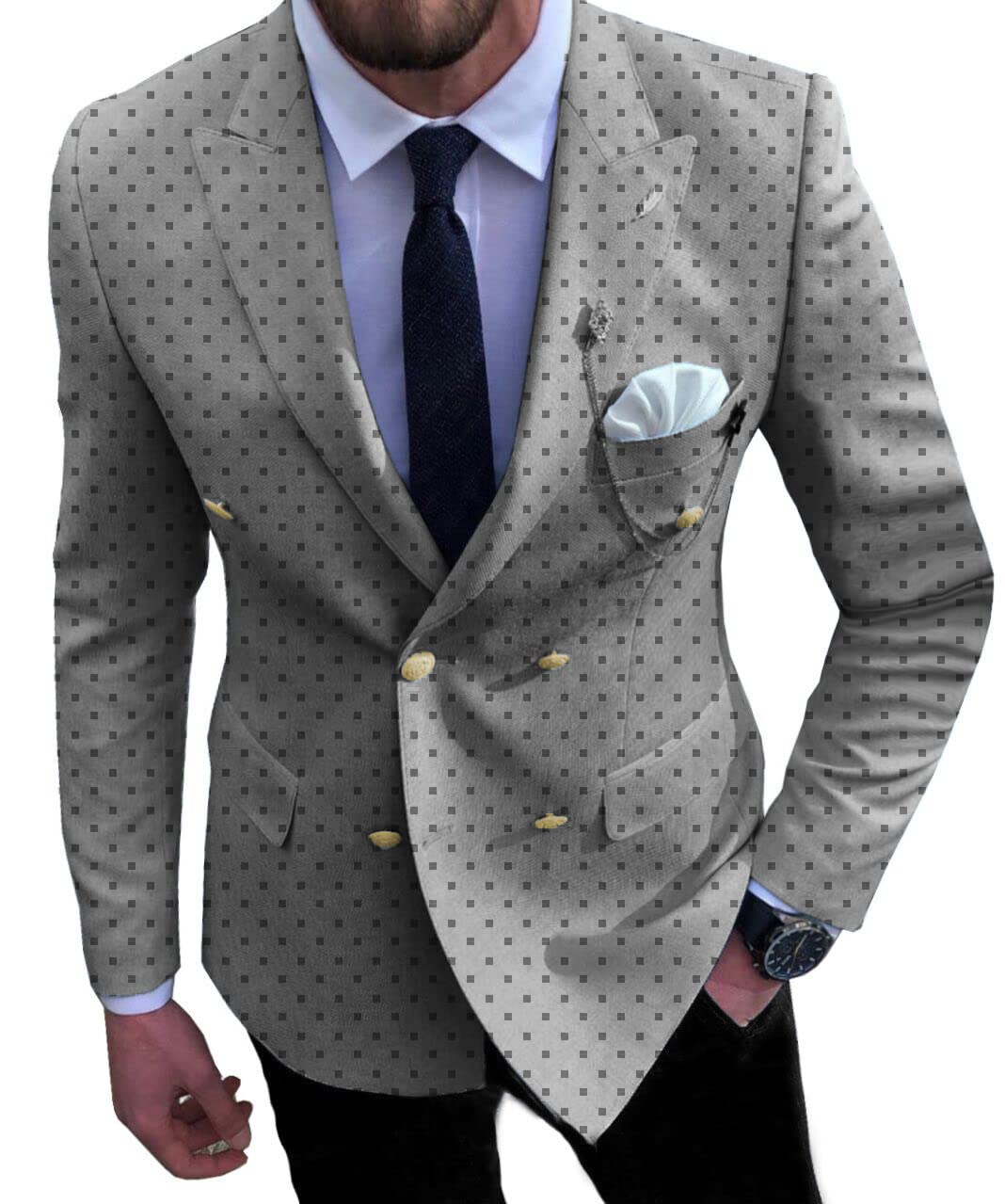 Aesido Formal Men's Suits Slim Fit Prom Tuxedos 2 Piece Double Breasted Classic Patterned Jacket for Wedding Groomsmen (Blazer+Pants)