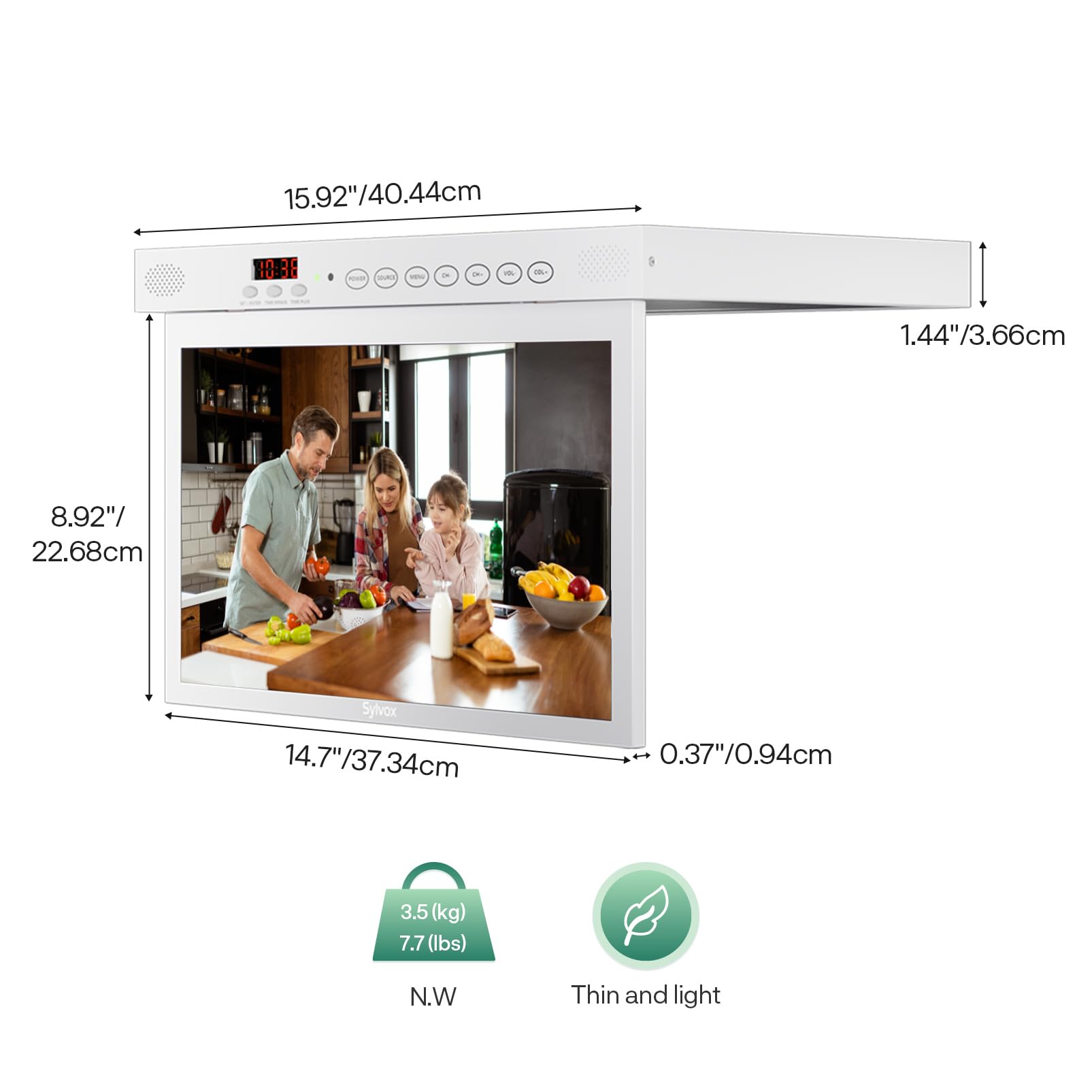 SYLVOX TV de Cocina Plegable 15.6", 90° Ajustable, 1080P, Smart con Google TV,12V Mini Televisor con Rotación 360° | DVB-C/S2/T2 | Wi-Fi | Bluetooth | para Cocina, Camping, Dormitorio(Blanco)