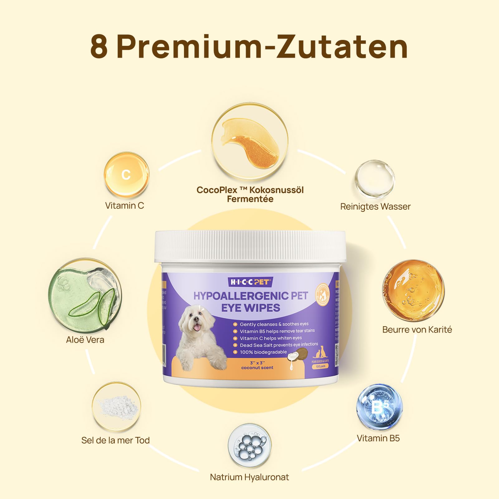 HICC PET Augenpflege-Pads für Hunde und Katzen, Sanfte Augenreinigung von Sekreten, Staub & Rückständen, Ideal für die Augenpflege von Welpen & Kätzchen, 100 Stück