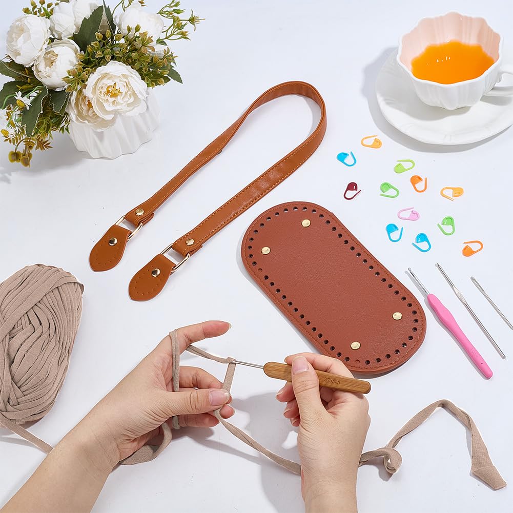 ORIGACH DIY Häkel-Handtaschen-Set für Anfänger, gestreifte Häkel-Tragetasche mit PU-Lederband und -boden, inklusive Garn, Häkelnadeln, Markern und englischer Anleitung, Farbe Milchtee