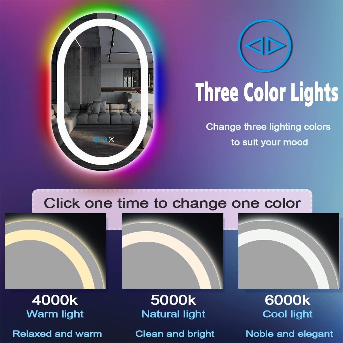 32 x 20 Inch RGB Oval Bathroom Mirror with Smart Dimmable 3 Color Front Lights & Rainbow Colorful Changing Backlit Oval Lighted Vanity Mirror for Bathroom Wall Horizontal or Vertical Mounted